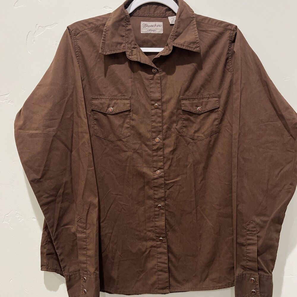 Wrancher by Wrangler Women's Brown Pearl Snap Western Shirt Long Sleeve XL y2k
